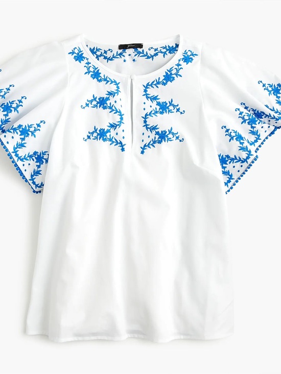 J. Crew Tops - NWT J.Crew Flutter Sleeve Embroidered Trim Top White Blue Large